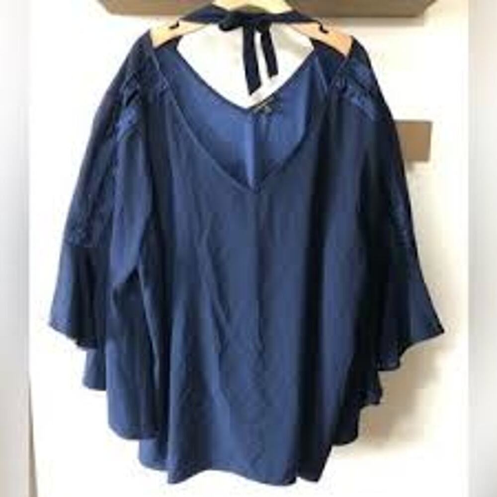 Lane Bryant Blue Peplum Sleeve Blouse with Back Tie Detail, Sz 14/16 - NWOT